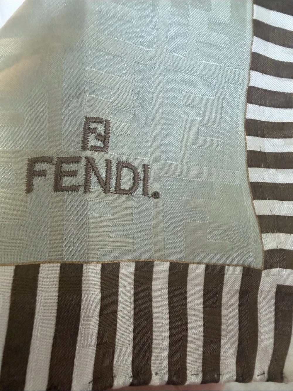 Fendi Monogram Silk Scarf in gray/silver with striped brown Border